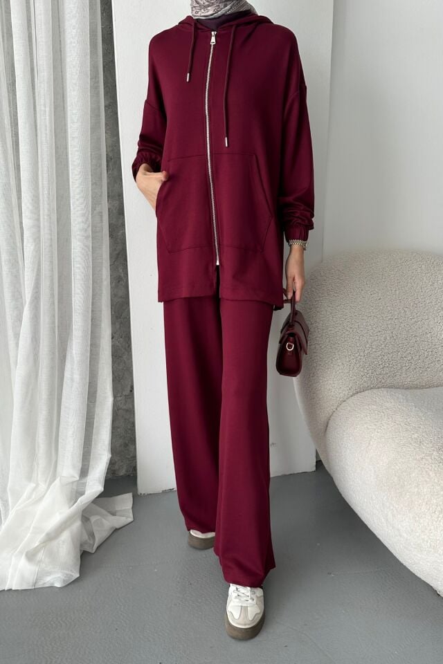 Balenbi Kadın Modal Penye Oversize Kapüşonlu Tesettür Tunik Takım 1108 XL - Bordo