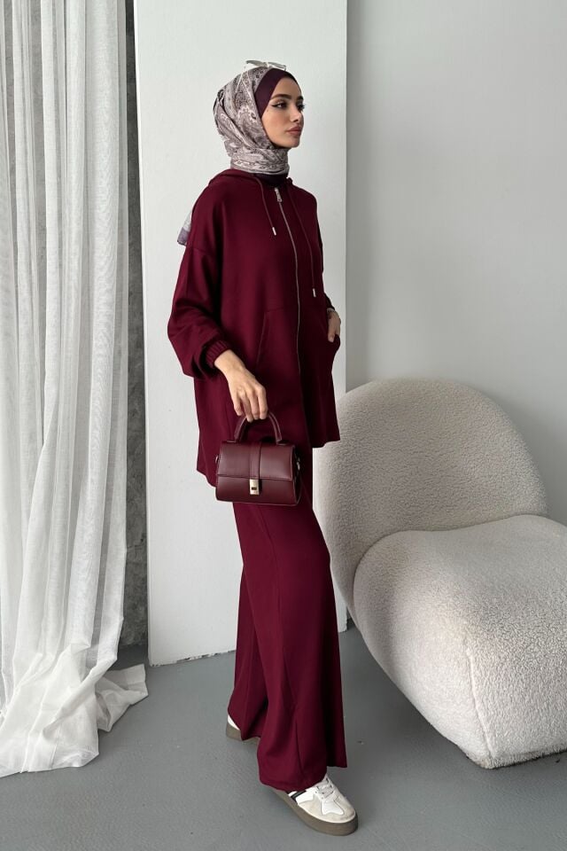 Balenbi Kadın Modal Penye Oversize Kapüşonlu Tesettür Tunik Takım 1108 XL - Bordo