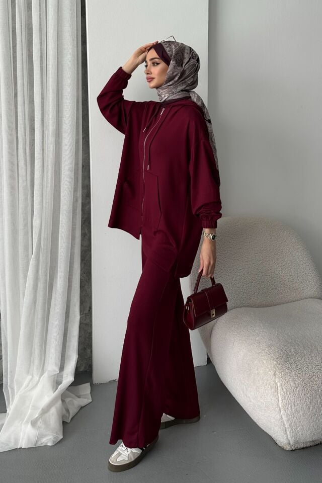 Balenbi Kadın Modal Penye Oversize Kapüşonlu Tesettür Tunik Takım 1108 XL - Bordo