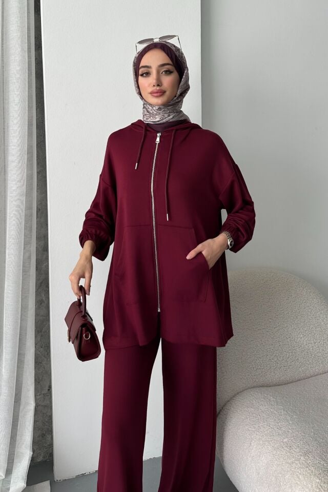 Balenbi Kadın Modal Penye Oversize Kapüşonlu Tesettür Tunik Takım 1108 XL - Bordo