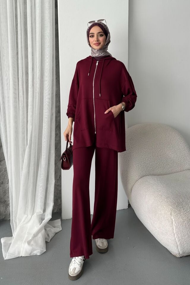 Balenbi Kadın Modal Penye Oversize Kapüşonlu Tesettür Tunik Takım 1108 XL - Bordo