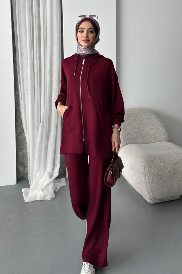 Balenbi Kadın Modal Penye Oversize Kapüşonlu Tesettür Tunik Takım 1108 XL - Bordo
