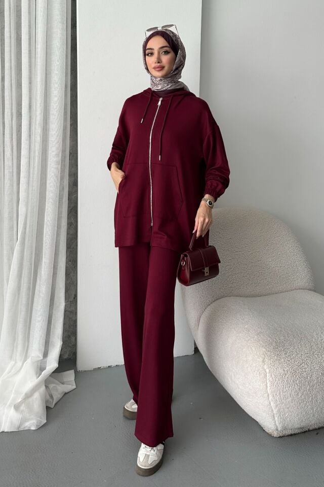 Balenbi Kadın Modal Penye Oversize Kapüşonlu Tesettür Tunik Takım 1108 XL - Bordo