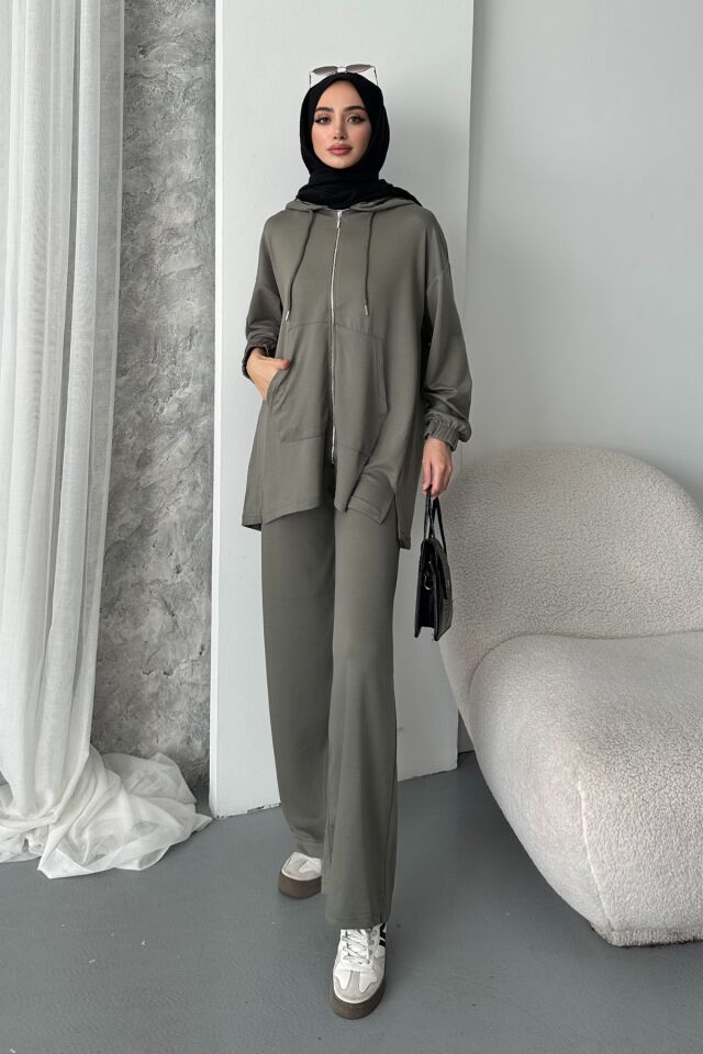 Balenbi Kadın Modal Penye Oversize Kapüşonlu Tesettür Tunik Takım 1108 XL - Haki