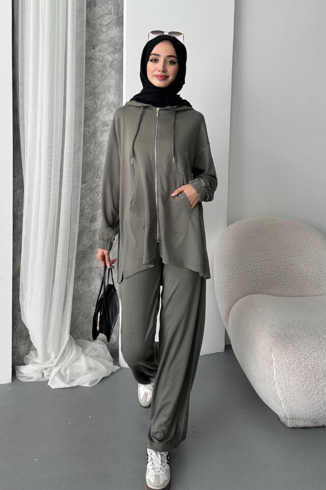 Balenbi Kadın Modal Penye Oversize Kapüşonlu Tesettür Tunik Takım 1108 XL - Haki