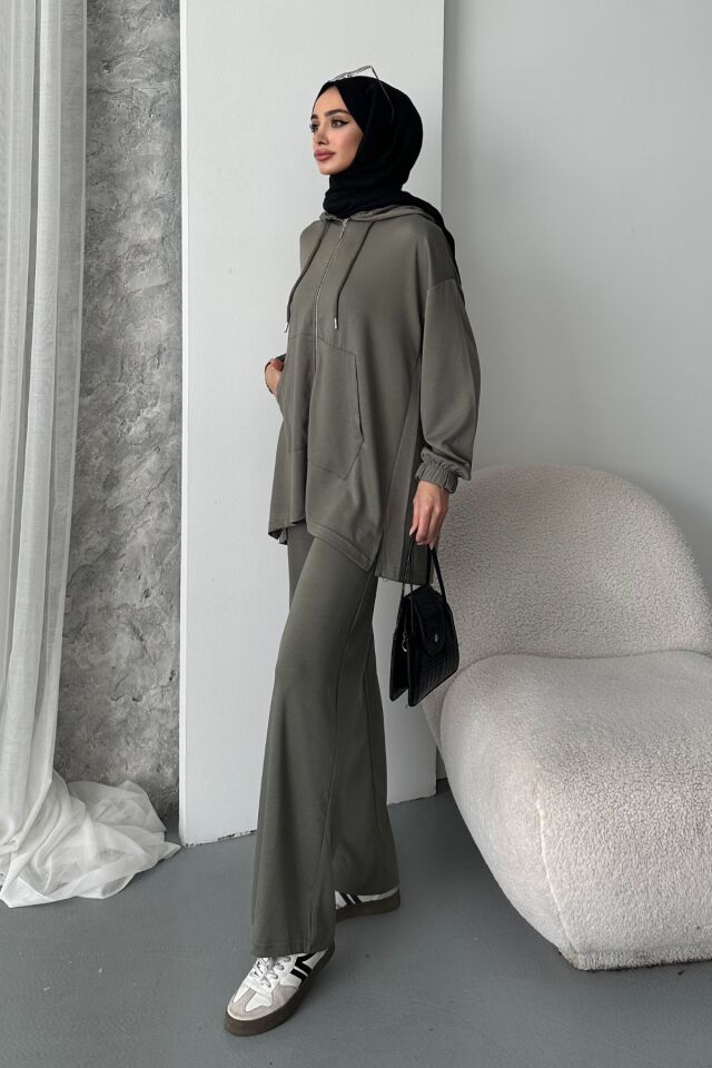 Balenbi Kadın Modal Penye Oversize Kapüşonlu Tesettür Tunik Takım 1108 XL - Haki
