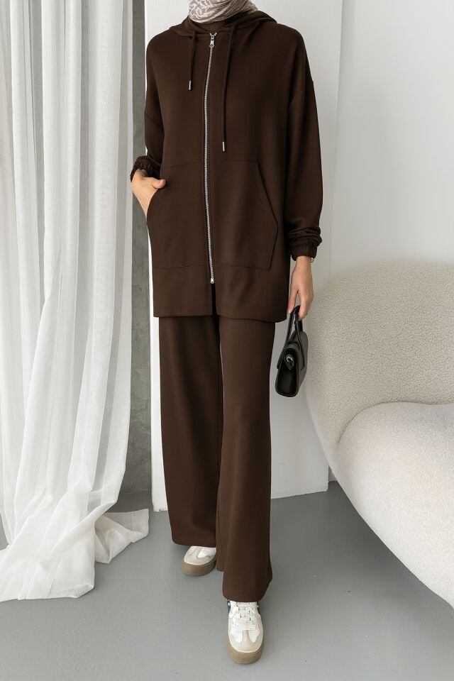 Balenbi Kadın Modal Penye Oversize Kapüşonlu Tesettür Tunik Takım 1108 XL - Kahverengi