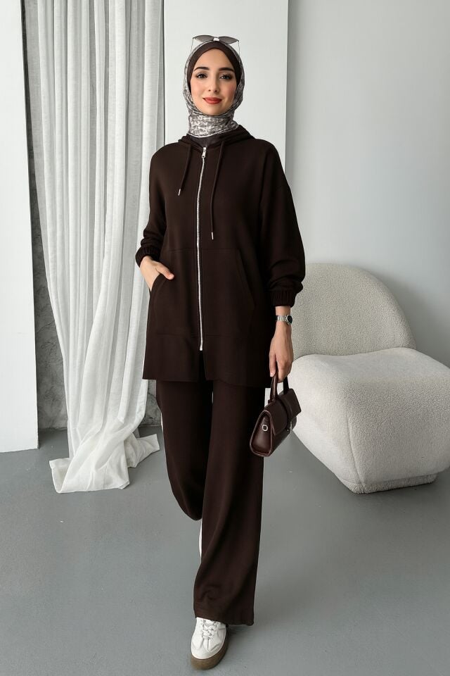 Balenbi Kadın Modal Penye Oversize Kapüşonlu Tesettür Tunik Takım 1108 XL - Kahverengi