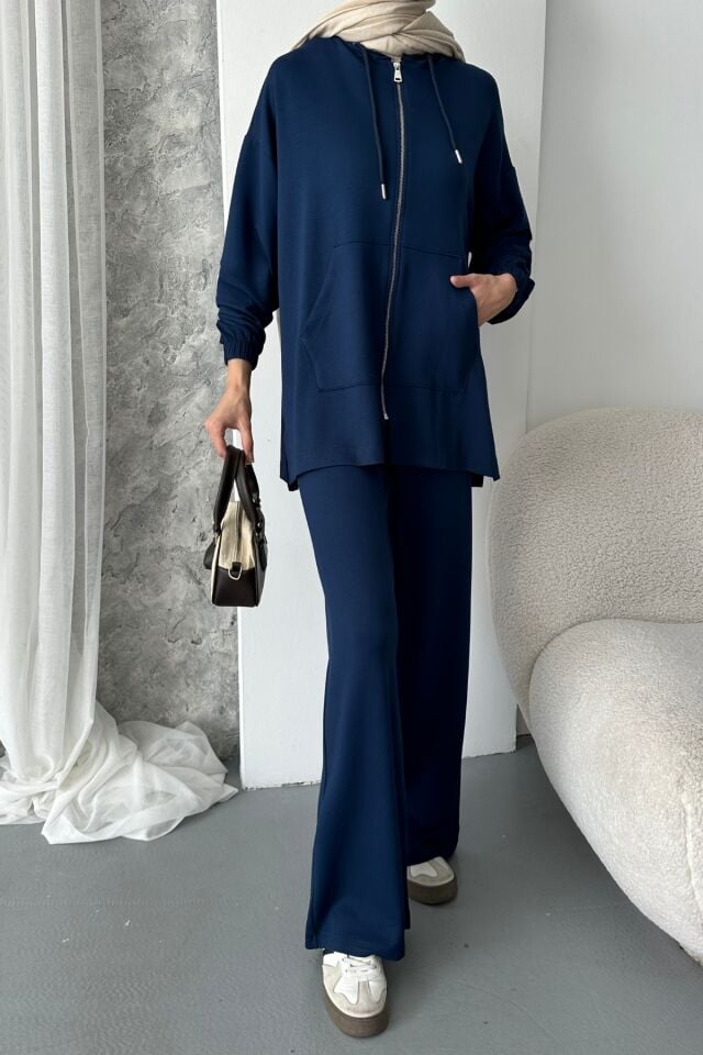 Balenbi Kadın Modal Penye Oversize Kapüşonlu Tesettür Tunik Takım 1108 XL - Lacivert