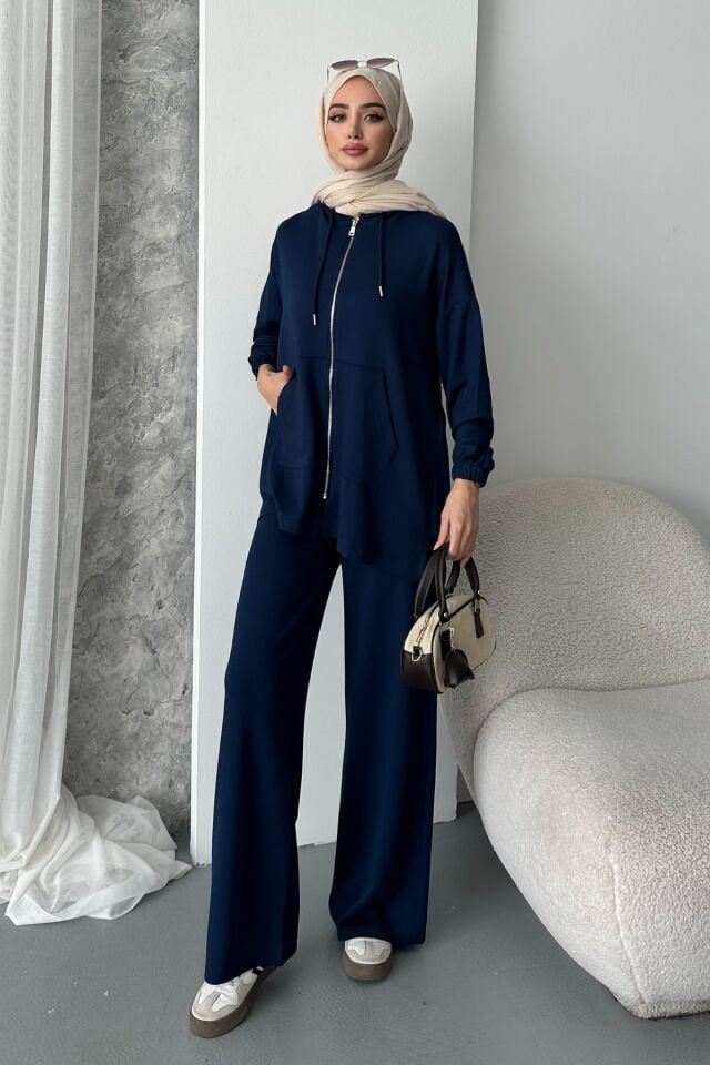 Balenbi Kadın Modal Penye Oversize Kapüşonlu Tesettür Tunik Takım 1108 XL - Lacivert