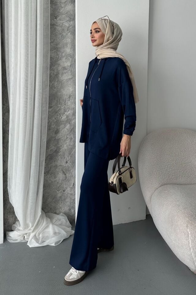 Balenbi Kadın Modal Penye Oversize Kapüşonlu Tesettür Tunik Takım 1108 XL - Lacivert