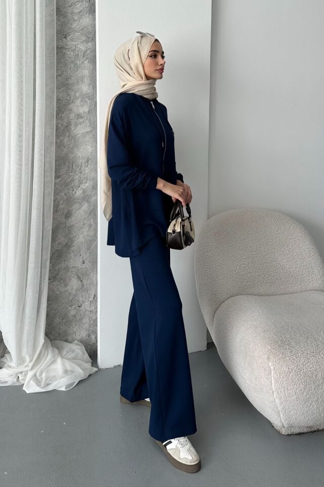 Balenbi Kadın Modal Penye Oversize Kapüşonlu Tesettür Tunik Takım 1108 XL - Lacivert