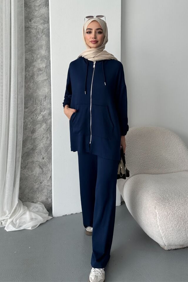 Balenbi Kadın Modal Penye Oversize Kapüşonlu Tesettür Tunik Takım 1108 XL - Lacivert