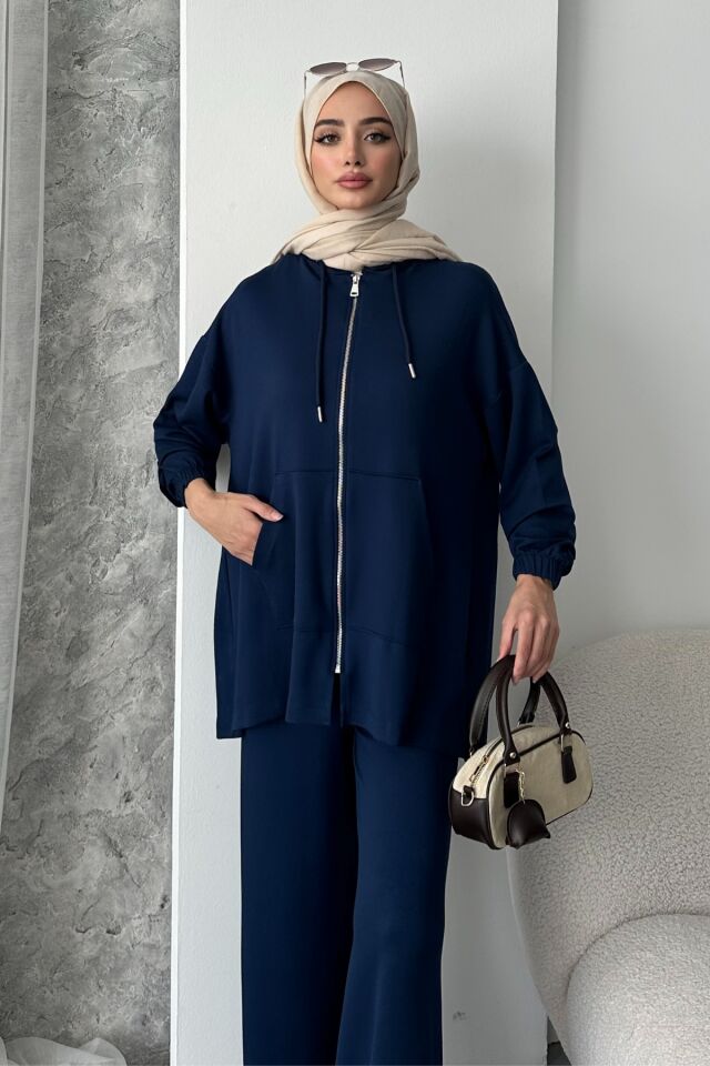 Balenbi Kadın Modal Penye Oversize Kapüşonlu Tesettür Tunik Takım 1108 XL - Lacivert