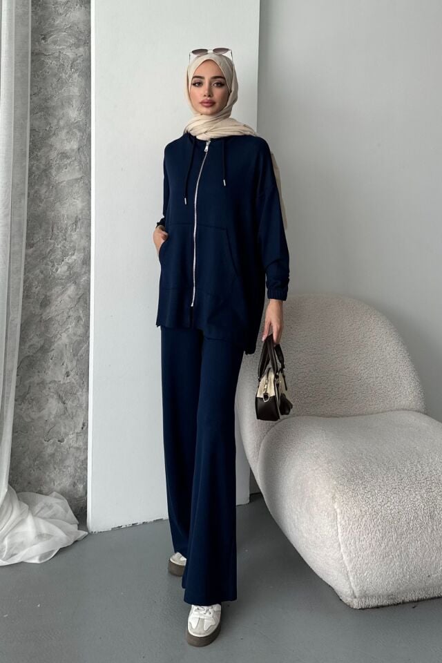 Balenbi Kadın Modal Penye Oversize Kapüşonlu Tesettür Tunik Takım 1108 XL - Lacivert