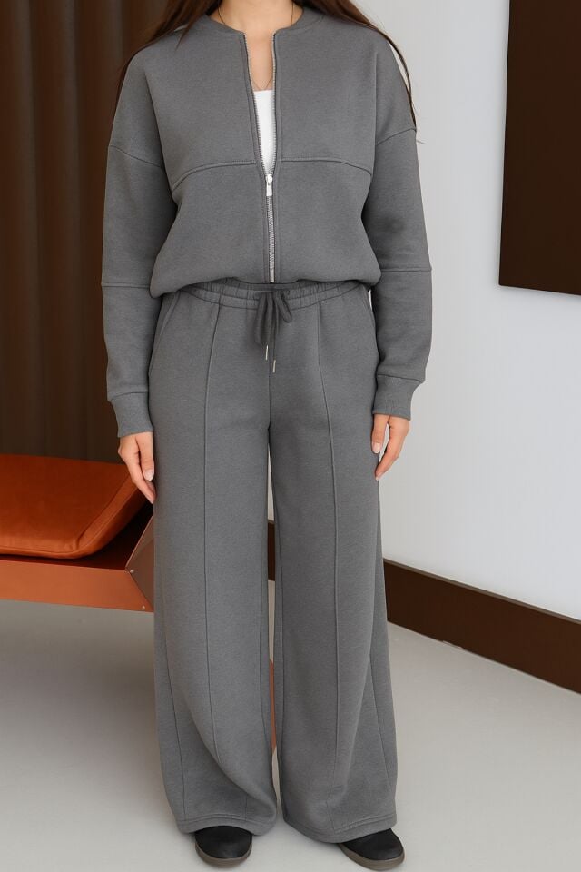 Balenbi Kadın 3 İplik İçi Polarlı Robalı Bomber Ceket Palazzo Takım 1143 M - Füme