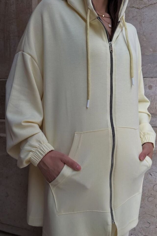Balenbi Kadın Modal Penye Oversize Kapüşonlu Tesettür Tunik Takım 1108 XL - Sarı