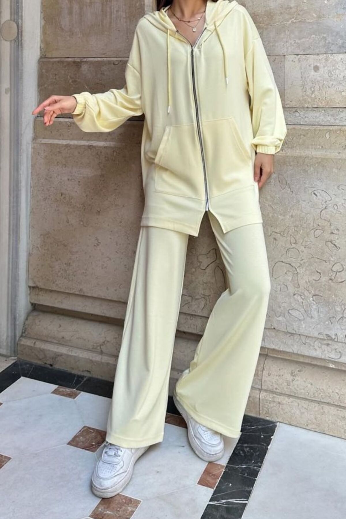 Balenbi Kadın Modal Penye Oversize Kapüşonlu Tesettür Tunik Takım 1108 XL - Sarı