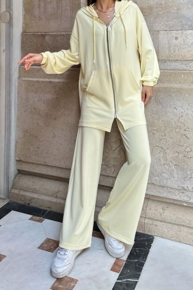 Balenbi Kadın Modal Penye Oversize Kapüşonlu Tesettür Tunik Takım 1108 XL - Sarı