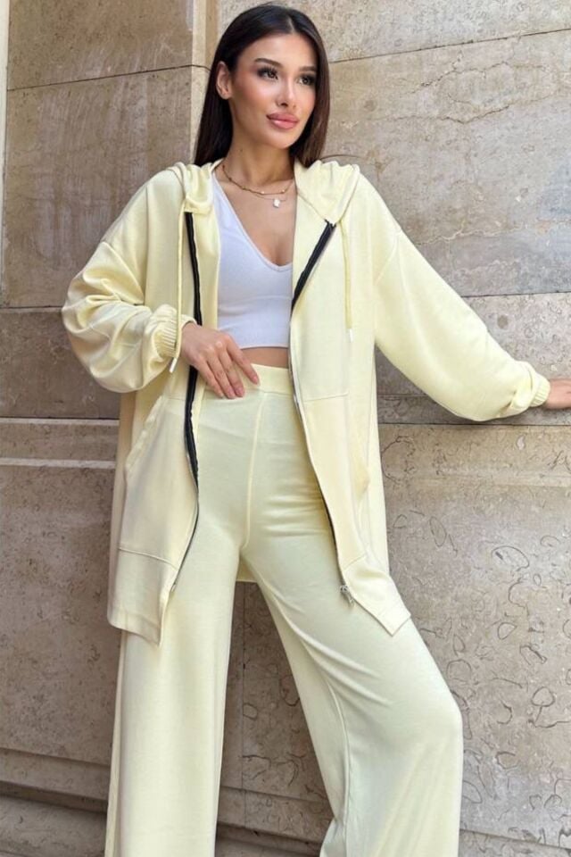 Balenbi Kadın Modal Penye Oversize Kapüşonlu Tesettür Tunik Takım 1108 XL - Sarı