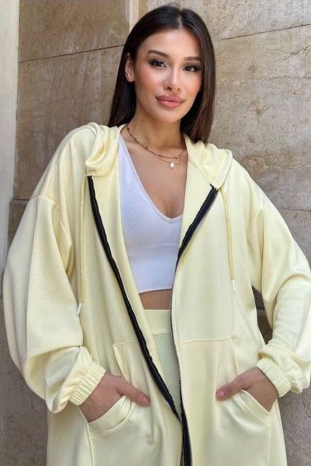 Balenbi Kadın Modal Penye Oversize Kapüşonlu Tesettür Tunik Takım 1108 XL - Sarı
