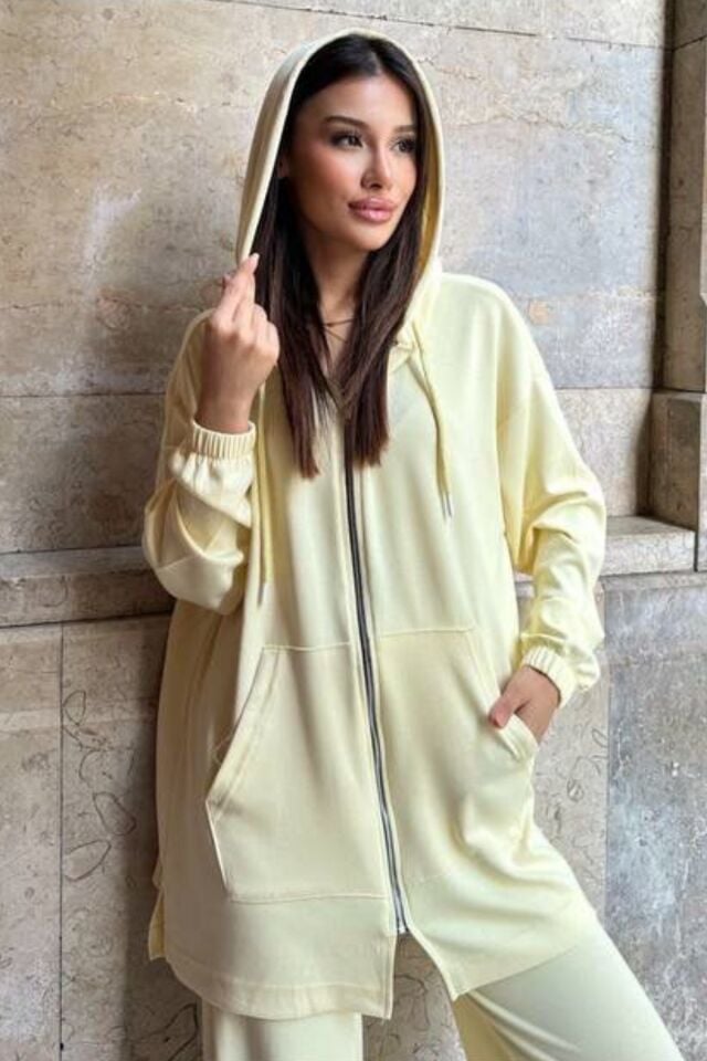 Balenbi Kadın Modal Penye Oversize Kapüşonlu Tesettür Tunik Takım 1108 XL - Sarı