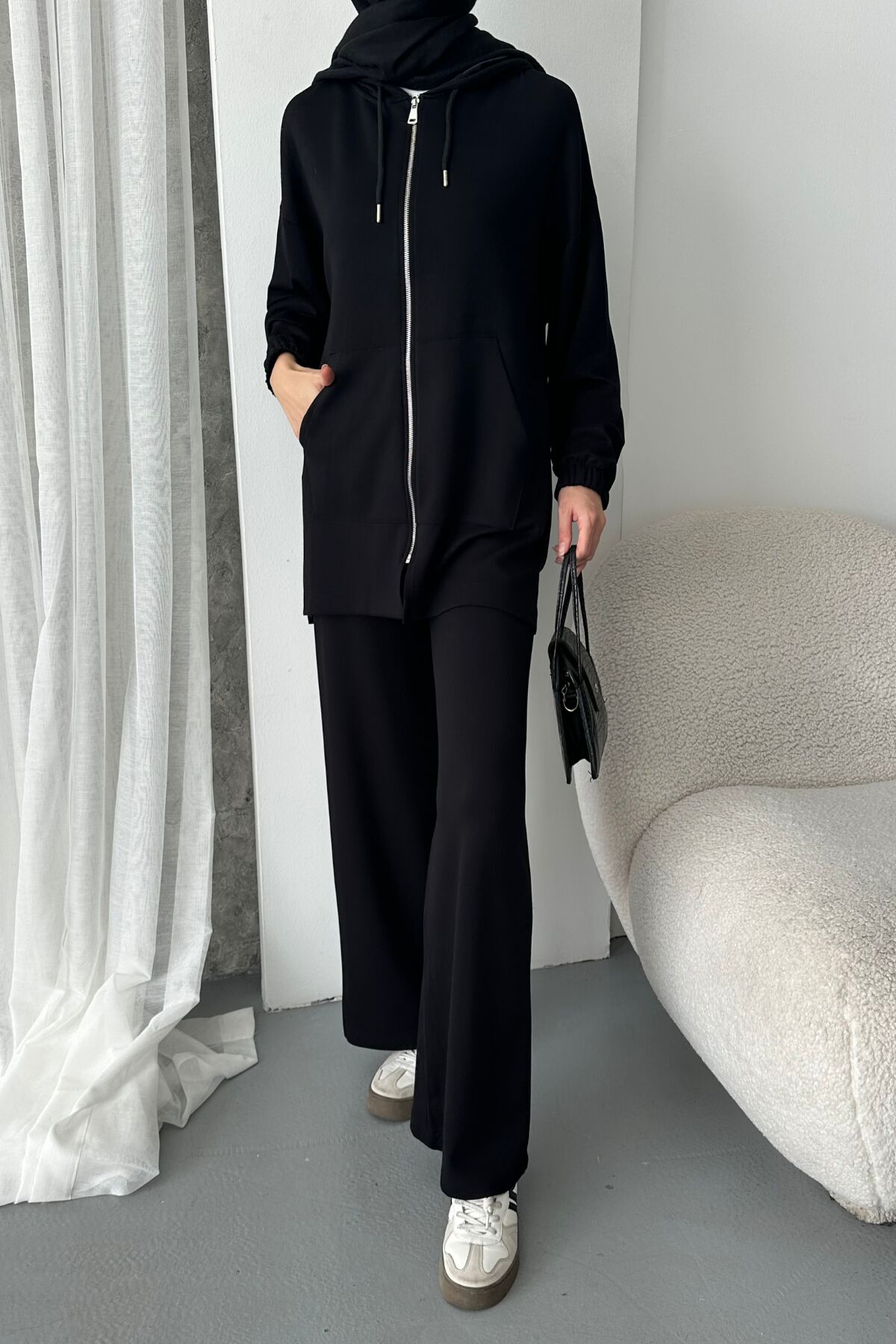 Balenbi Kadın Modal Penye Oversize Kapüşonlu Tesettür Tunik Takım 1108 XL - Siyah