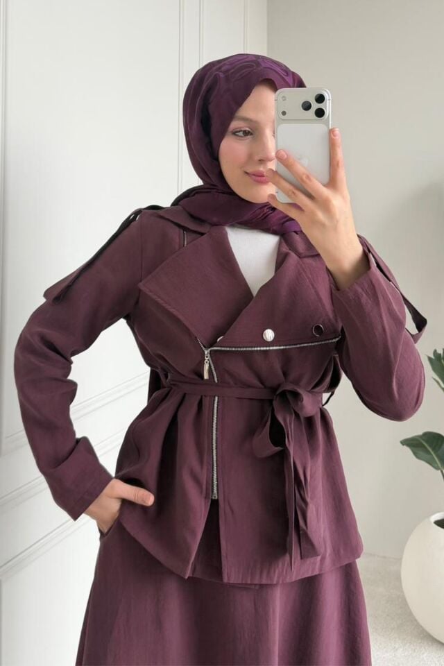 Balenbi Kruvaze Yaka Çapraz Fermuar Detaylı Kuşaklı Tesettür Etekli Takım 1190 - Form Serisi Bordo - 44