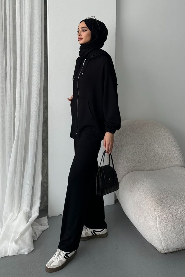 Balenbi Kadın Modal Penye Oversize Kapüşonlu Tesettür Tunik Takım 1108 XL - Siyah