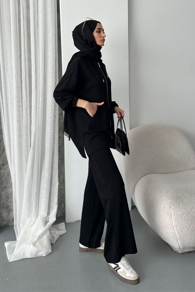 Balenbi Kadın Modal Penye Oversize Kapüşonlu Tesettür Tunik Takım 1108 XL - Siyah