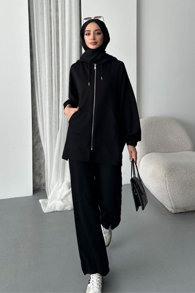 Balenbi Kadın Modal Penye Oversize Kapüşonlu Tesettür Tunik Takım 1108 XL - Siyah