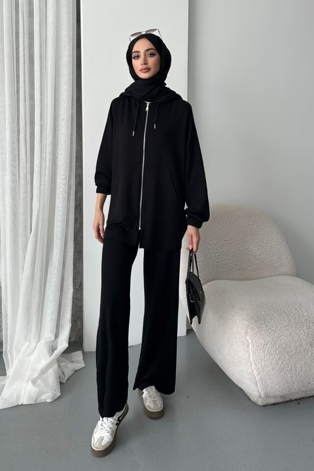 Balenbi Kadın Modal Penye Oversize Kapüşonlu Tesettür Tunik Takım 1108 XL - Siyah
