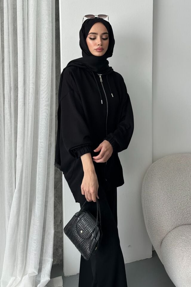 Balenbi Kadın Modal Penye Oversize Kapüşonlu Tesettür Tunik Takım 1108 XL - Siyah