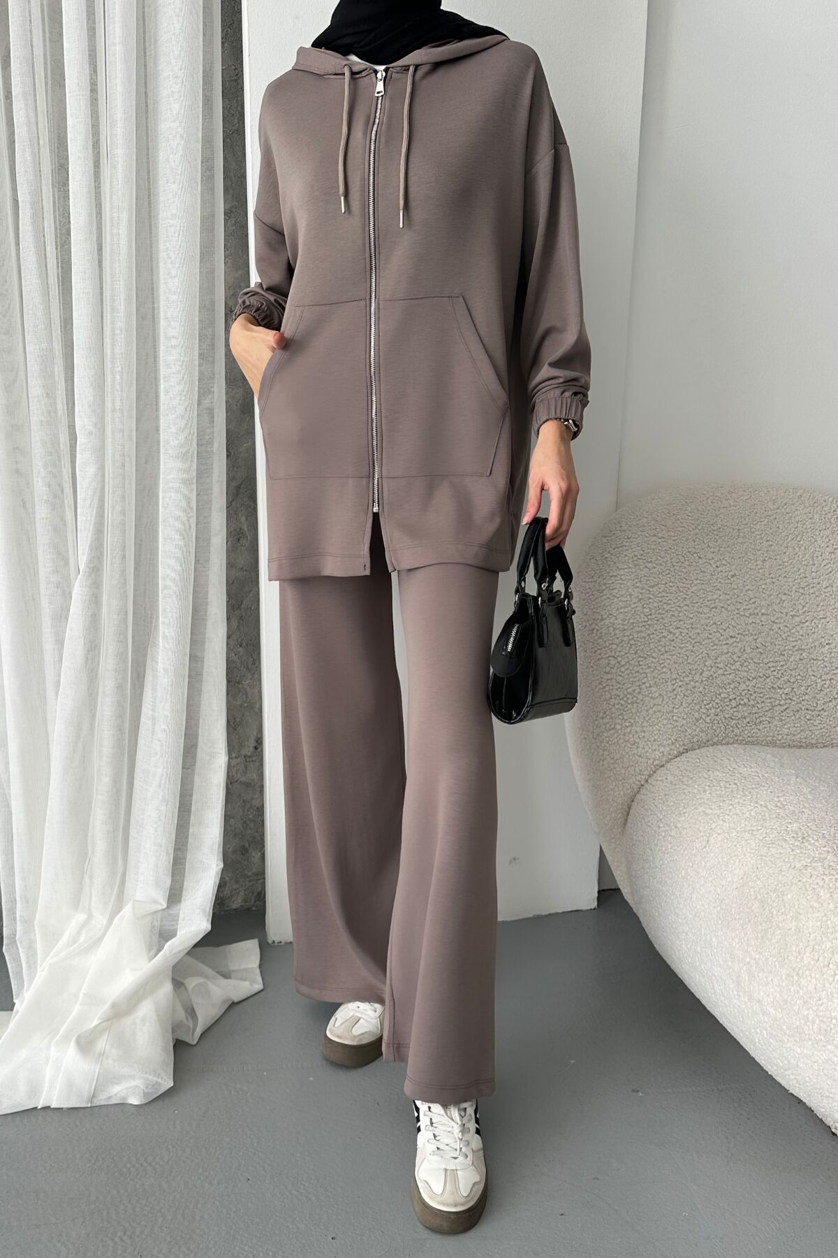 Balenbi Kadın Modal Penye Oversize Kapüşonlu Tesettür Tunik Takım 1108 XL - Vizon