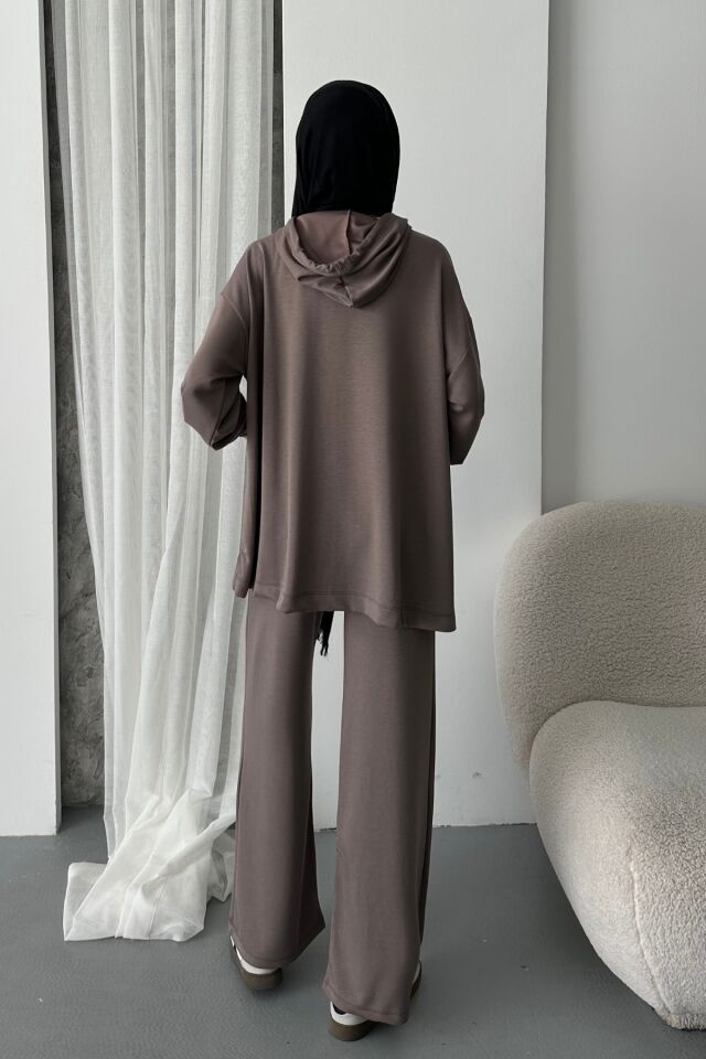 Balenbi Kadın Modal Penye Oversize Kapüşonlu Tesettür Tunik Takım 1108 XL - Vizon
