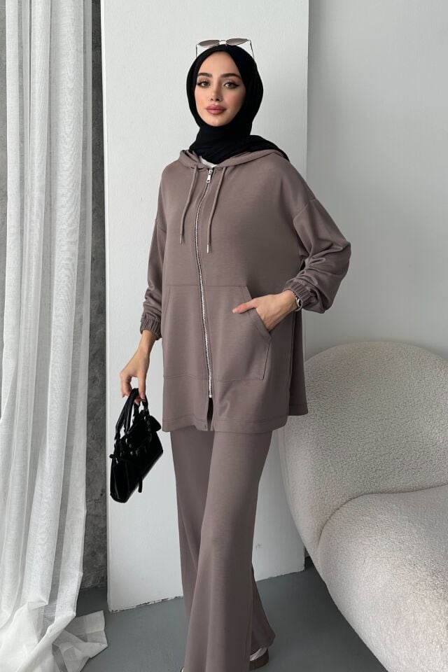 Balenbi Kadın Modal Penye Oversize Kapüşonlu Tesettür Tunik Takım 1108 XL - Vizon