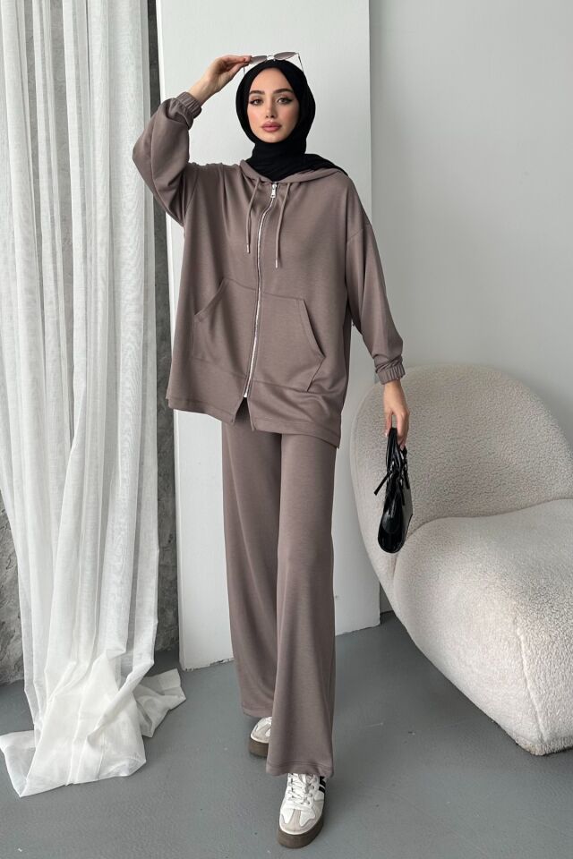 Balenbi Kadın Modal Penye Oversize Kapüşonlu Tesettür Tunik Takım 1108 XL - Vizon