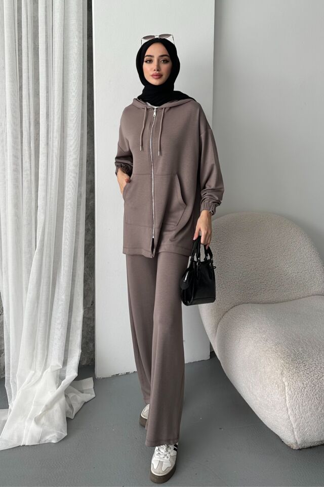 Balenbi Kadın Modal Penye Oversize Kapüşonlu Tesettür Tunik Takım 1108 XL - Vizon