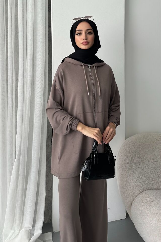 Balenbi Kadın Modal Penye Oversize Kapüşonlu Tesettür Tunik Takım 1108 XL - Vizon