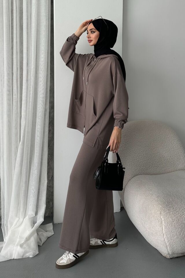 Balenbi Kadın Modal Penye Oversize Kapüşonlu Tesettür Tunik Takım 1108 XL - Vizon