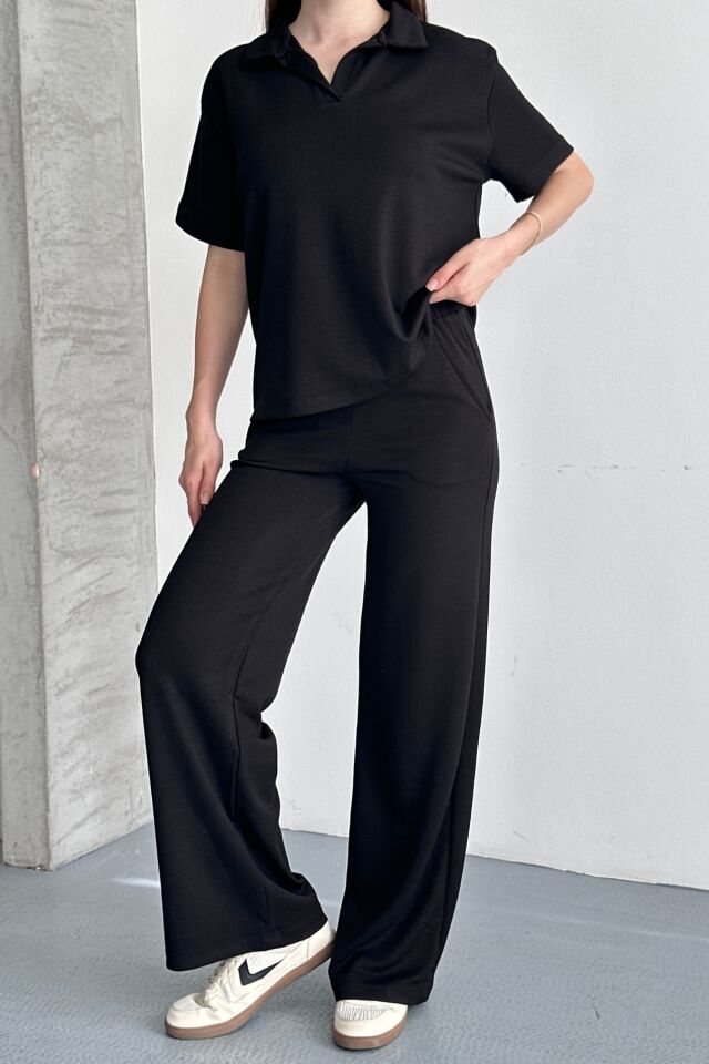 Balenbi Kadın Modal Kumaş Yarım Kollu Polo Yaka Eşofman Takımı 1210 Siyah - 2XL