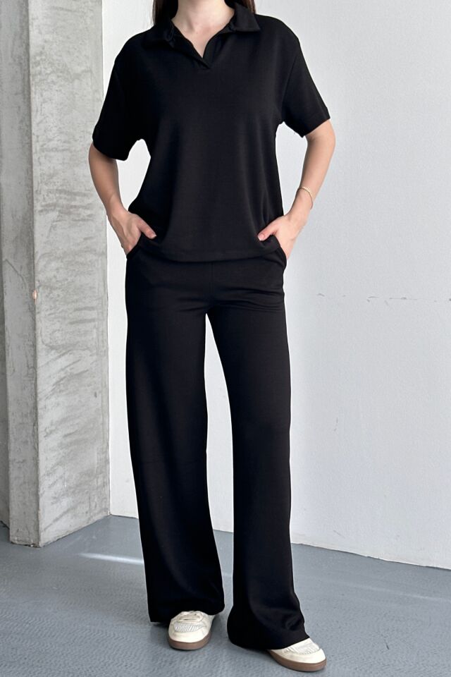 Balenbi Kadın Modal Kumaş Yarım Kollu Polo Yaka Eşofman Takımı 1210 Siyah - 2XL