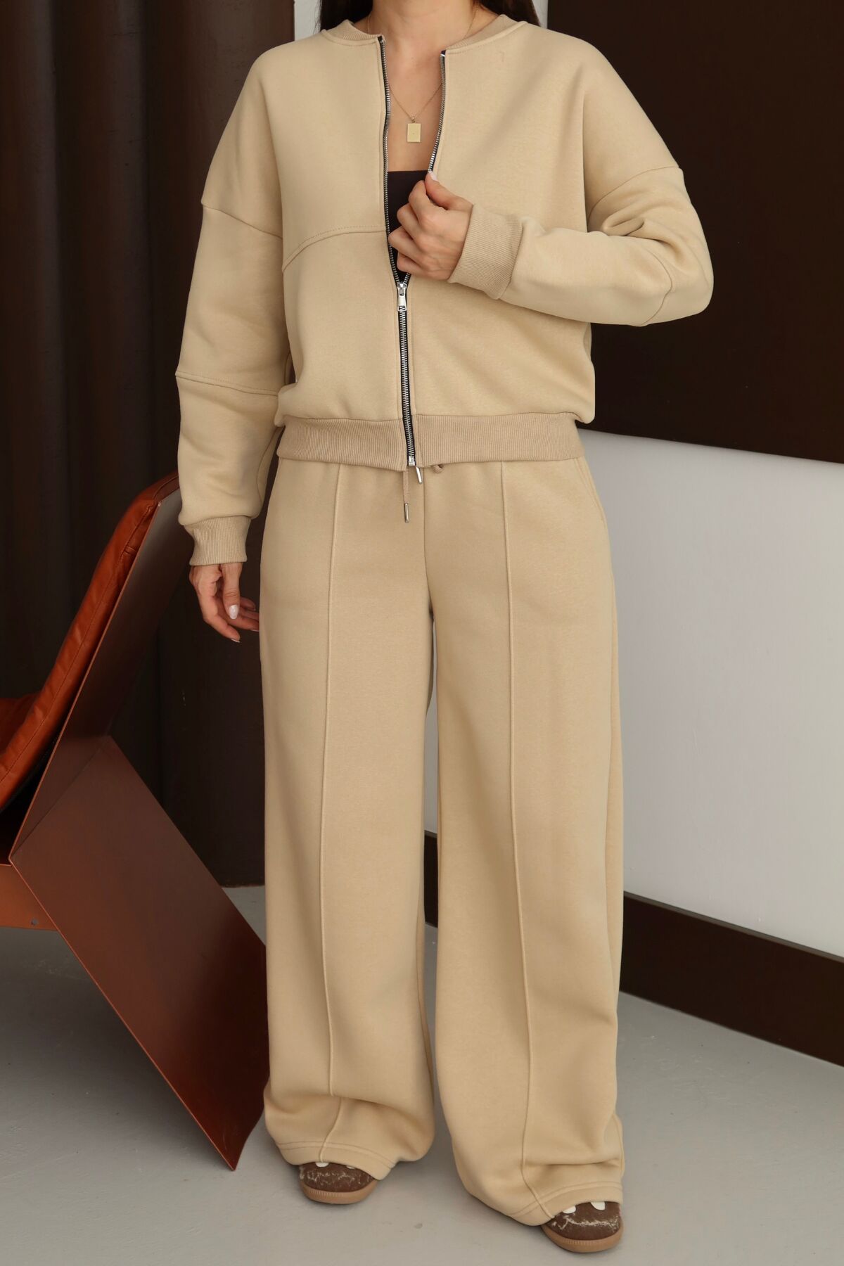 Balenbi Kadın 3 İplik İçi Polarlı Robalı Bomber Ceket Palazzo Takım 1143 S - Bej