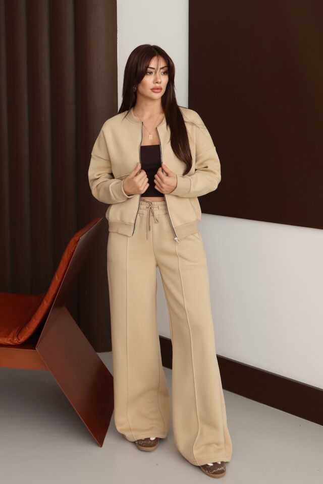 Balenbi Kadın 3 İplik İçi Polarlı Robalı Bomber Ceket Palazzo Takım 1143 S - Bej