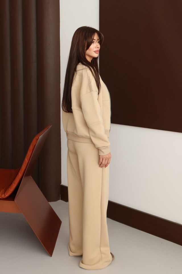 Balenbi Kadın 3 İplik İçi Polarlı Robalı Bomber Ceket Palazzo Takım 1143 S - Bej