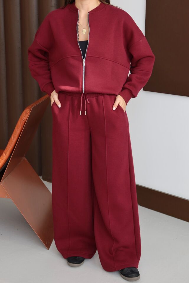 Balenbi Kadın 3 İplik İçi Polarlı Robalı Bomber Ceket Palazzo Takım 1143 S - Bordo