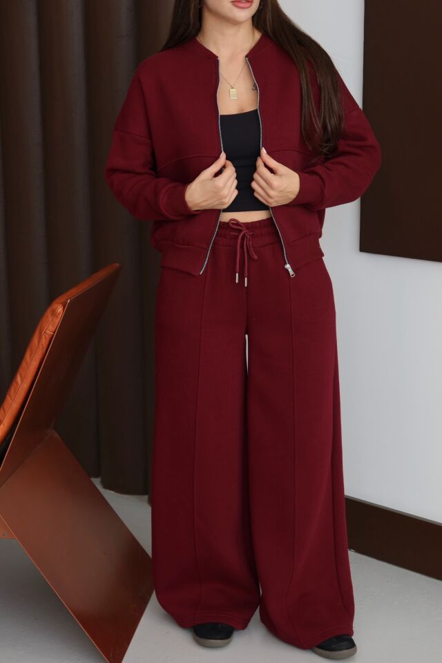 Balenbi Kadın 3 İplik İçi Polarlı Robalı Bomber Ceket Palazzo Takım 1143 Bordo - S