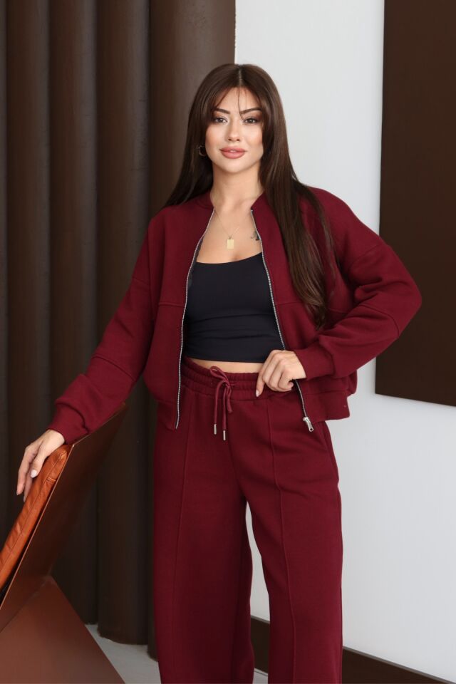 Balenbi Kadın 3 İplik İçi Polarlı Robalı Bomber Ceket Palazzo Takım 1143 S - Bordo