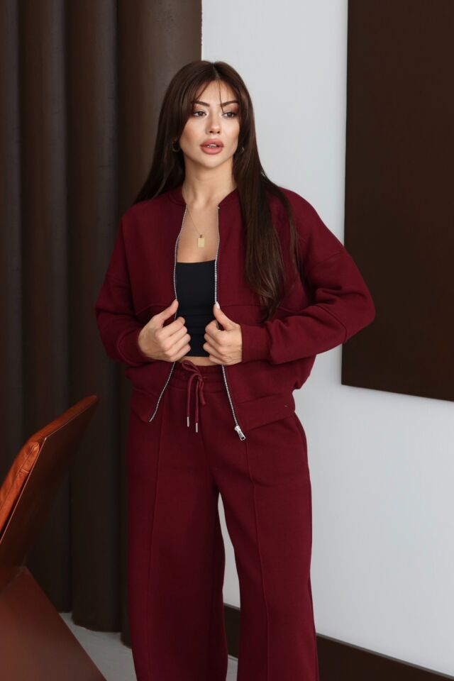 Balenbi Kadın 3 İplik İçi Polarlı Robalı Bomber Ceket Palazzo Takım 1143 S - Bordo