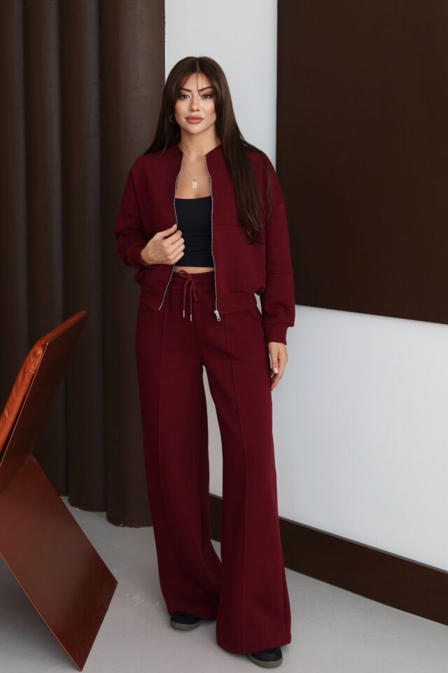 Balenbi Kadın 3 İplik İçi Polarlı Robalı Bomber Ceket Palazzo Takım 1143 S - Bordo